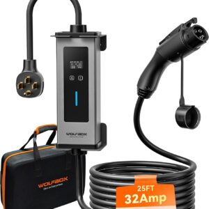 WOLFBOX 32Amp Portable Level 2 EV Charger for J1772 EVSE(PE32) | ETL Certified, NEMA 14-50 Plug Adapter,25ft Cable,Indoor/Outdoor